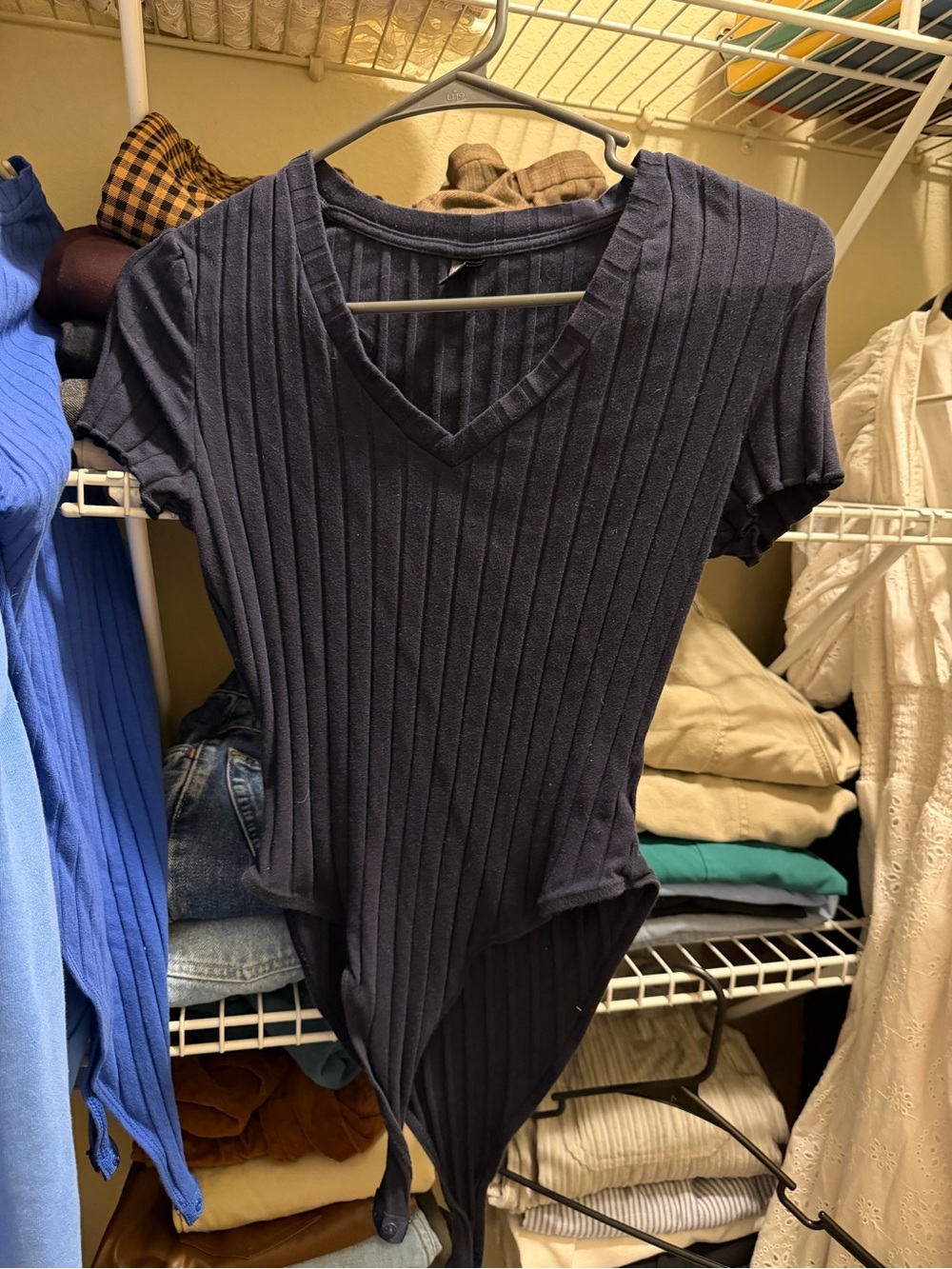SHEIN Navy Ribbed V-Neck Short Sleeve Bodysuit